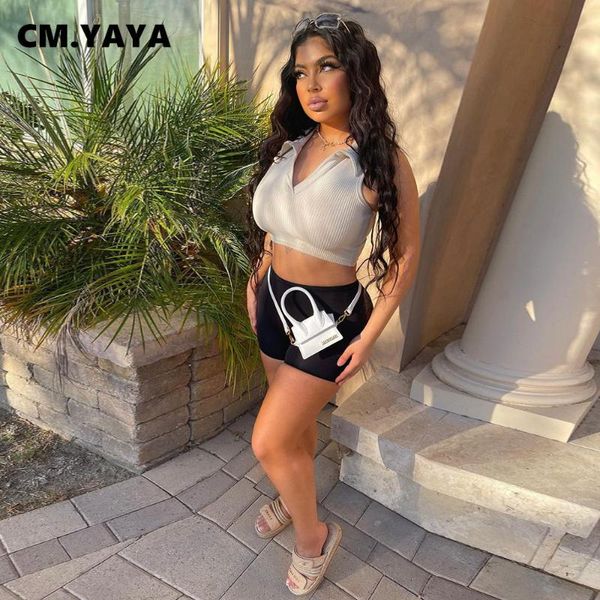 

women's tracksuits cm.yaya women set solid sleeveless turn-down collar crop mini shorts two 2 piece sets active tracksuit fashion outf, Gray