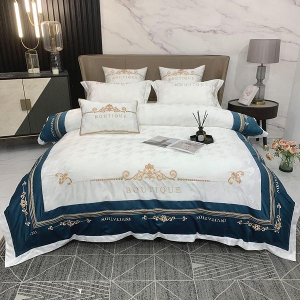 

luxury white 60s satin silk cotton gold embroidery bedding set soft silky jacquard duvet cover flat/fitted sheet pillowcases sets