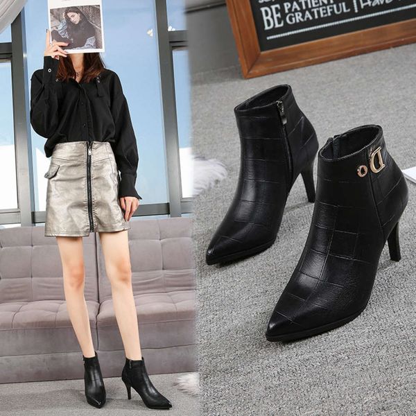 

pointed thin high-heeled short boots fashion soft leather women's high top, Black