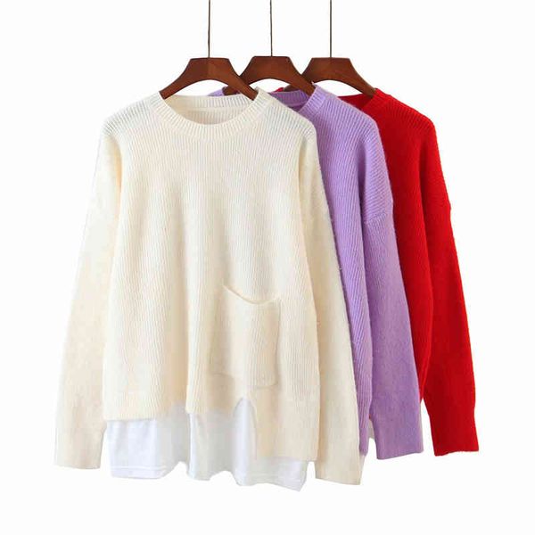

elegant women patchwork sweater fashion ladies o-neck pocket streetwear female sweet chic girls 210427, White;black