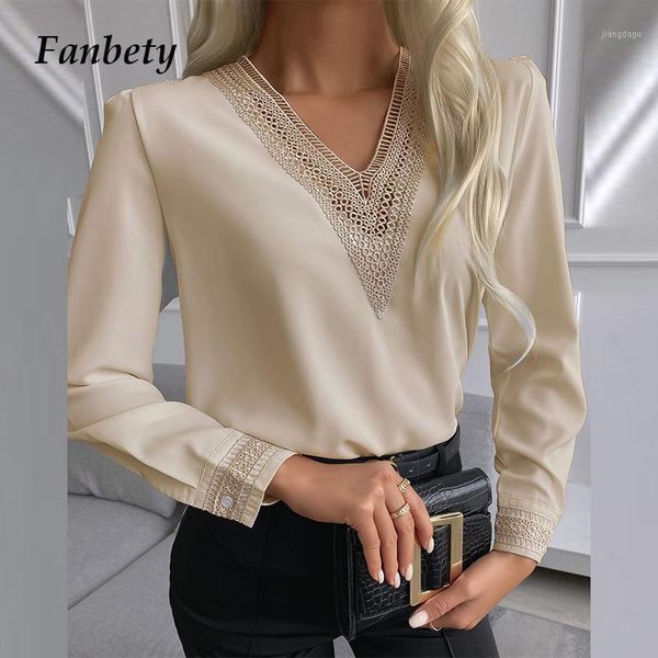 

women's blouses & shirts elegant v neck lace office lady blouse spring casual loose vintage women shirt 2021 autumn long sleeve streetw, White