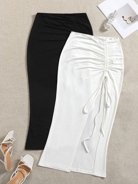 

2pcs solid drawstring split thigh skirt v7rt#, Black