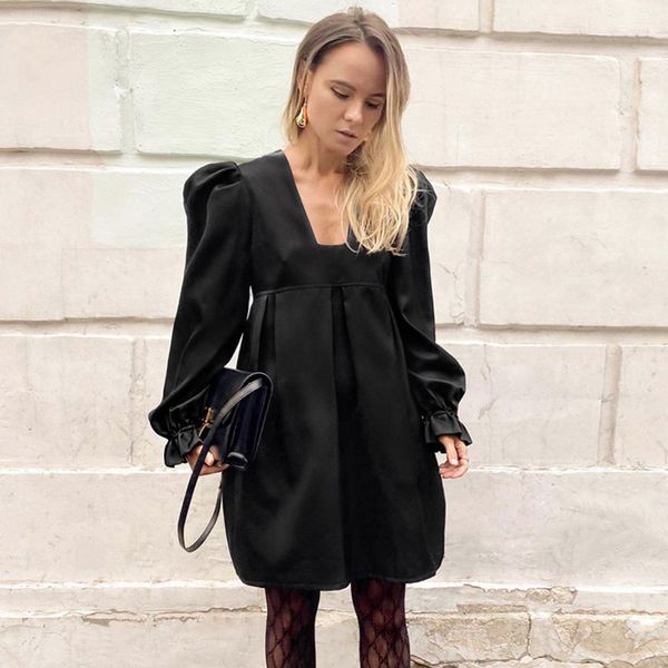 

winter new dress solid color v-neck puff sleeve a-line ladies dress high waist casual elegant puff skirt short dresses 210419, White