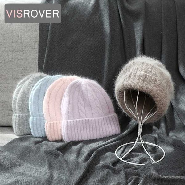 

visrover 10 colors solid color real rabbit fur beanies winter hat for woman match acrylic autumn warm skullies 211119, Blue;gray