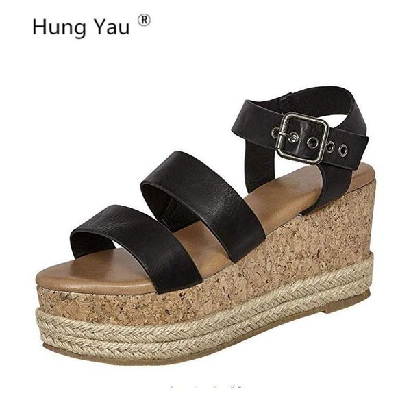 

dress shoes for women straw wedge thick bottom increased sandals female summer style flats leather peep toe black plus size 43