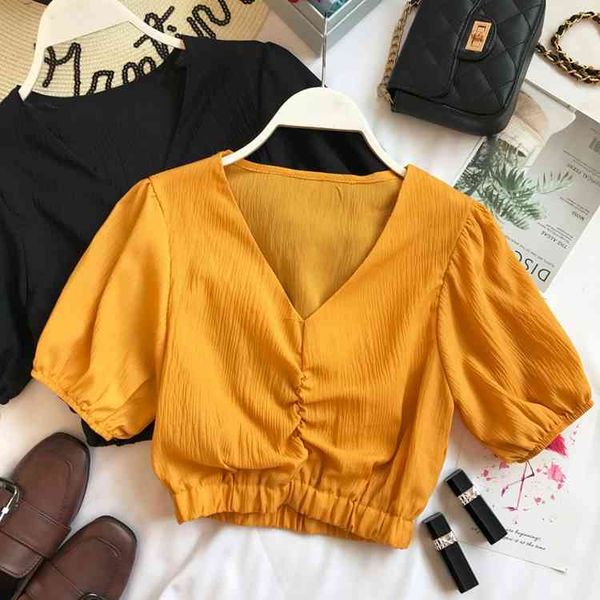 

women's blouses & shirts summer slim short sleeve wear korean fashion clothing crop e463 izou, White