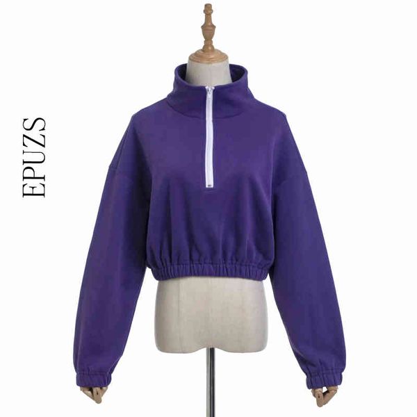 

spring zipper crop hoodies women sweatshirt casual cotton long sleeve ullover streetwear loose hoodies 210430, Black