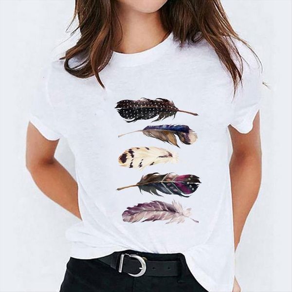 

feather fashion clothing summer autumn women 90s print womens graphic female tee, White