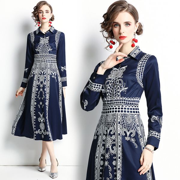 

long sleeved dress middle-aged women's 2021 ladies elegant autumn printed a-word medium and long skirt, Black;gray