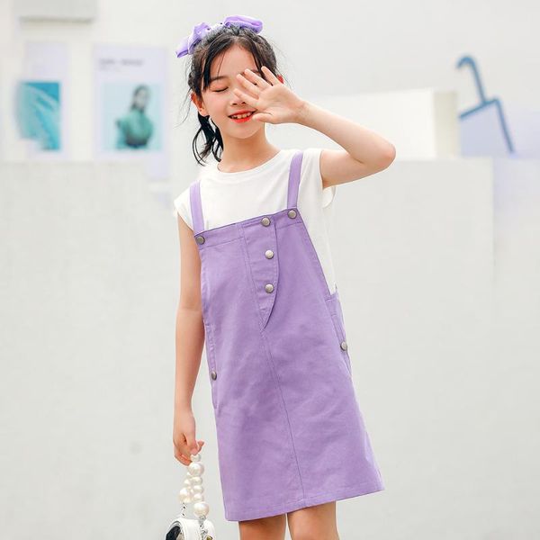 

to 14 years, korean baby clothes set 2021 girls dress kids teen suit shirt suspenders buttons and dress,#6061 clothing sets, White