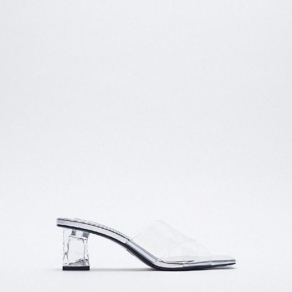 

women's shoes 2021 summer transparent cross strap high heel muller sandals square head crystal slippers, Black