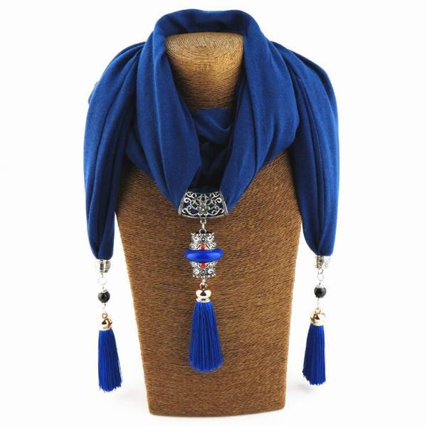 

new ceramic beads peacock pendant scarf with tassel fringed womens long shawl bib jewelry necklace ethnic style scarf for lady, Blue;gray