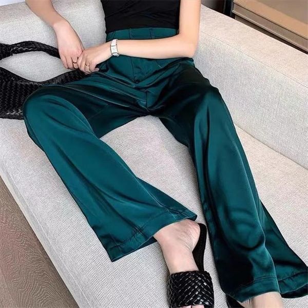 

7 colors korean silk satin women pants wide leg spring summer casual high waist straight long vintage loose trousers, Black;white