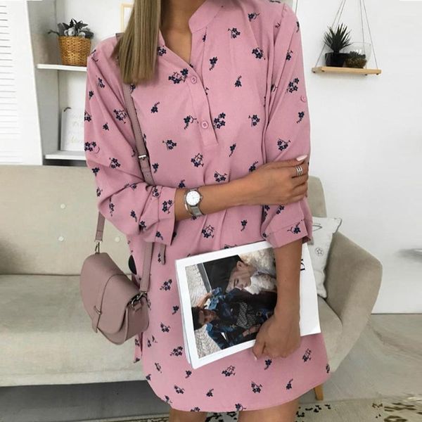 

casual dresses autumn button women's flower stand-up collar dress pink three quarter office ladies shirt short, Black;gray