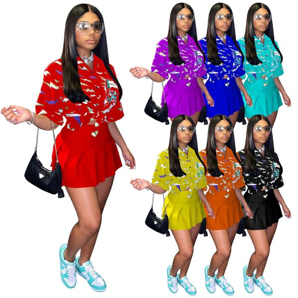 

women two piece dress tracksuits summer digital skull print loose button shirt pleated fashion short skirt v-neck club party dresses outfit, Gray