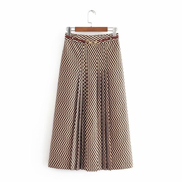 Негабаритные женские модные юбки осень геометрические печати MIDI юбка повседневная винтажная офис с поясом дамы длинные 210629