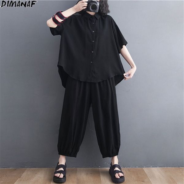 

summer plus size women solid two piece set suit casual oversize office shirts harem pants suits female clothing 210531, White