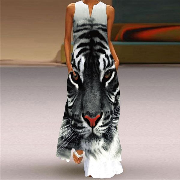 

sleeveless tiger print summer beach womens dress v neck elegent maxi party vocation fashion, Black;gray