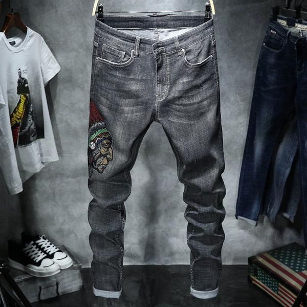 

arrivals men's loose straight jeans mens retro denim pants biker, Blue