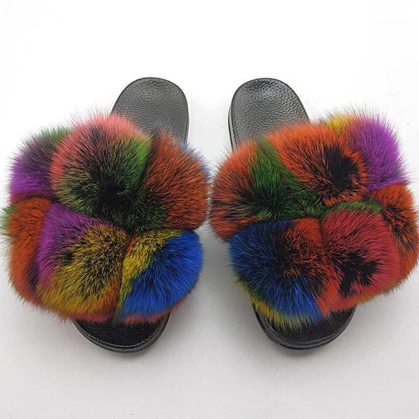 

slippers fur slides women's real whole balls open toe fluffy house outdoor party1, Black