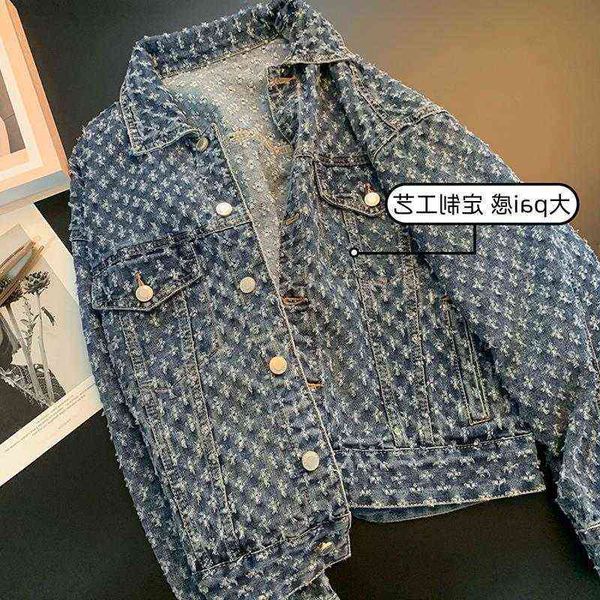 

women's jackets the first ~ 2022 korean loose old flower texture denim et in autumn, Black;brown