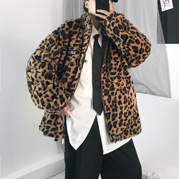 Inverno homens leopardo impressão parkas plush trench coats em roupas quentes de algodão engrossar moda casual jaquetas de neve 210524