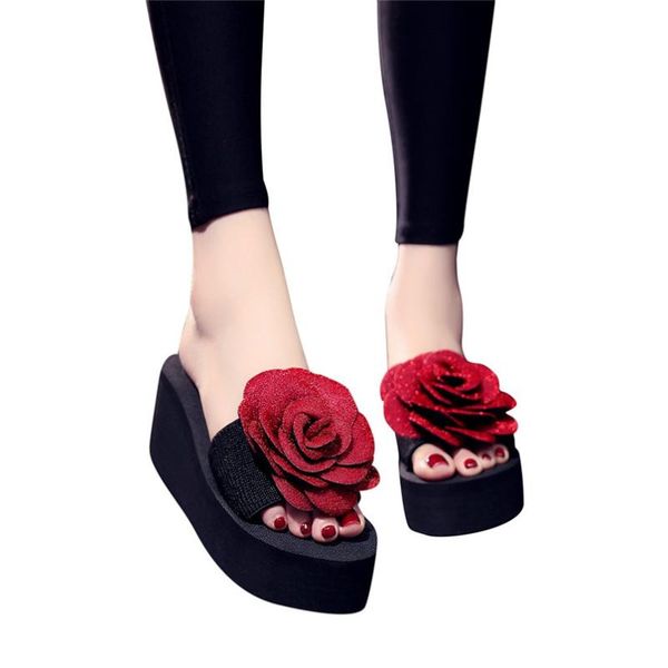 

slippers style open toe women slip-on flower wedges color high slipper shoes zapatos de mujer, Black