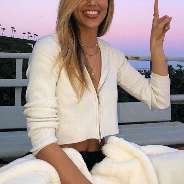 

women's jackets autumn women long sleeve knitted jacket white hooded knit femme metal zipper casual cropped chaqueta mujer w3ln, Black;brown