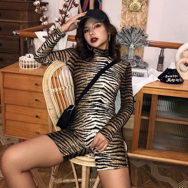 

women's jumpsuits & rompers leopard print high waist skinny romper women spring autumn neck long sleeve female streetwear playsuit shor, Black;white