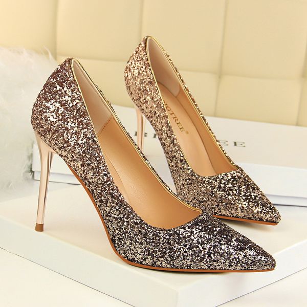 

464748 size 9219- european and american style womens shoes high heel low-cut pointed toe slimming nightclub color gradient sequin pum, Black