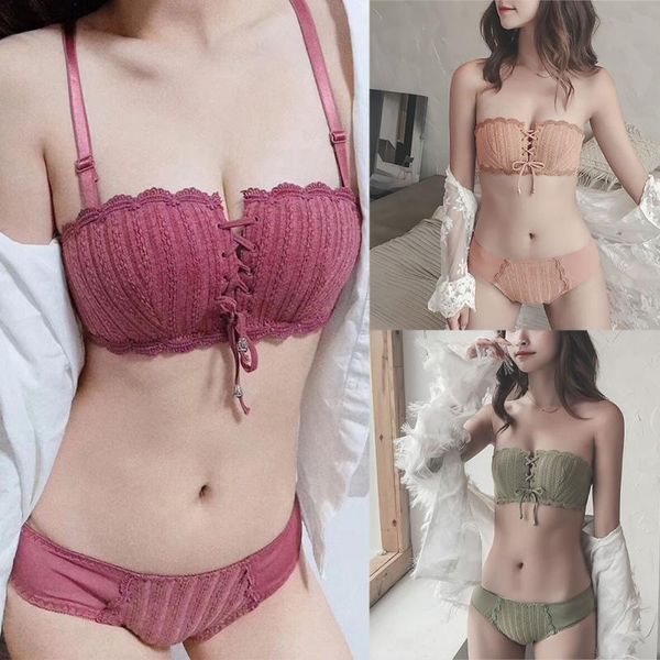 

bras sets women bra brief set anti-slip anti-light lace up gather 1/2 cup side embroidery wire padded, Red;black