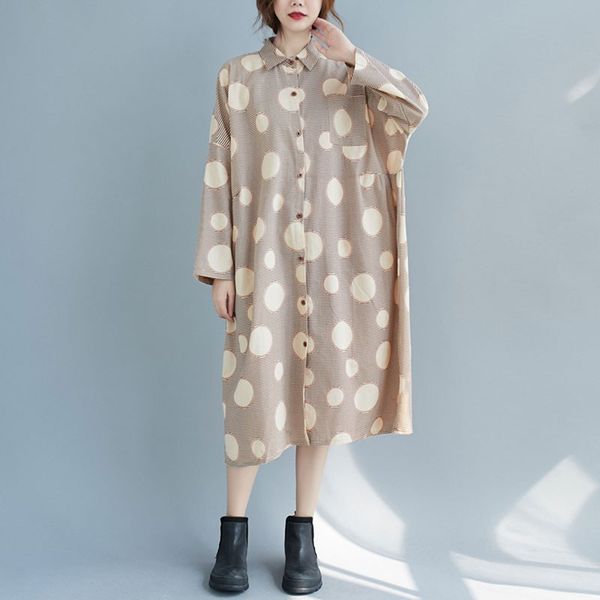 

oversized women casual shirt dress new autumn vintage polka dots print loose comfortable female cotton linen dresses s2440 210412, Black;gray
