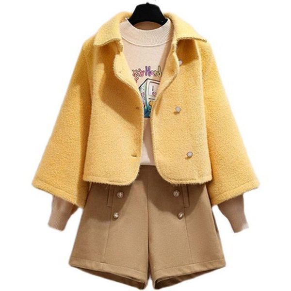 

casual dresses autumn winter women fashion suit loose woolen cloth short coat + khaki pants 2-piece sets y1e7, Black;gray