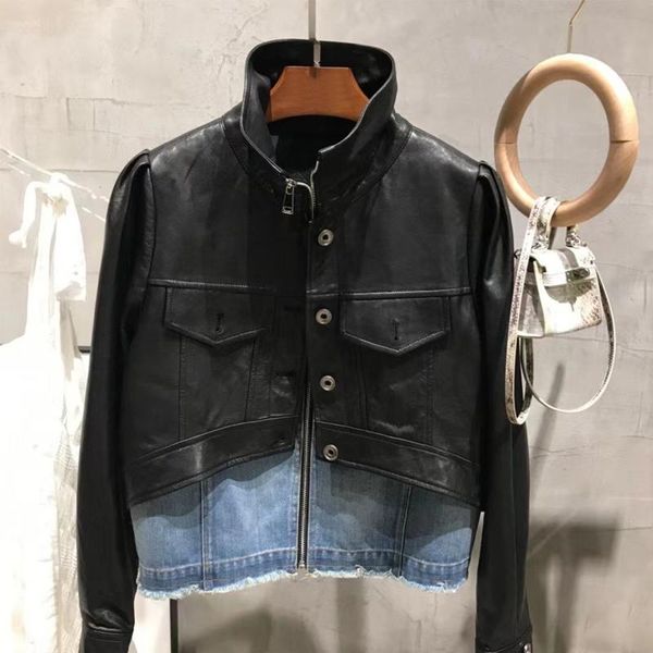 

women's leather & faux ladies genuine sheep jacket spliced with jeans high street lambskin coat, Black