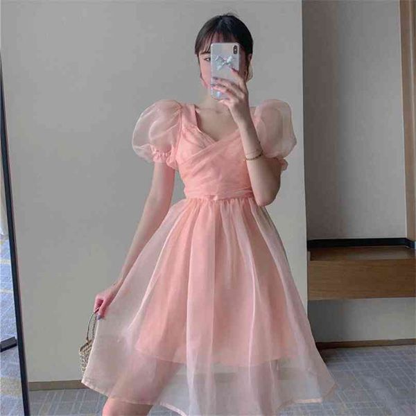 Плюс размер квадратный шеи слойки с коротким рукавом розовый органза платье женщины летние моды задняя лук большой качели Vestido сладкий корейский 210529