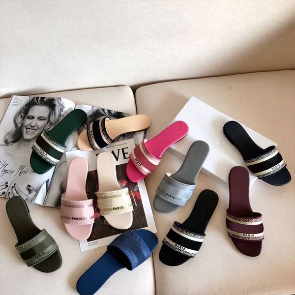 

2021 designer leather women sandals summer flat slipper fashion beach woman big head rainbow letters slippers with box, Black