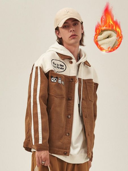 

extended sizes men cartoon and slogan embroidered shearling lined cord jacket k2vq#, Black;brown