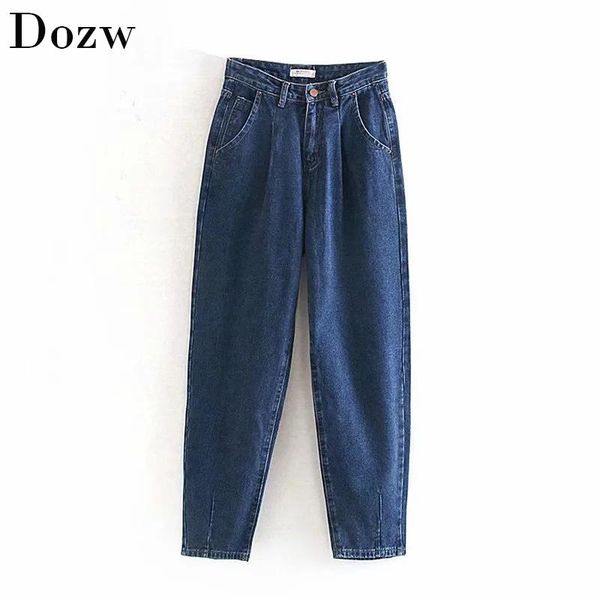 

jeans woman 2021 loose casual harem pants boyfriends mom streetwear denim women pleated pocket trousers jean femme women's, Blue