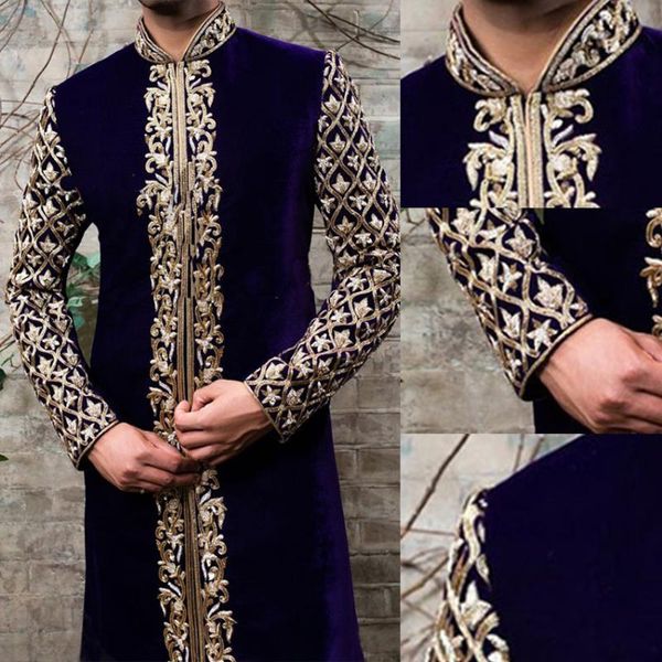 Abbigliamento etnico Moda musulmana Arabo Uomo Jubba Thobe Caftano Abito Colletto alla coreana Stampa oro Gentle Islamic Male Abaya 2021 Caftano