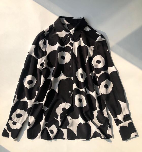 

women's blouses & shirts 100% silk lapel floral printing long sleeve blouse shirt top, White