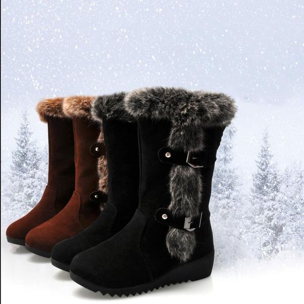 

boots winter women casual warm fur mid-calf shoes slip-on round toe wedges snow plus size 42, Black