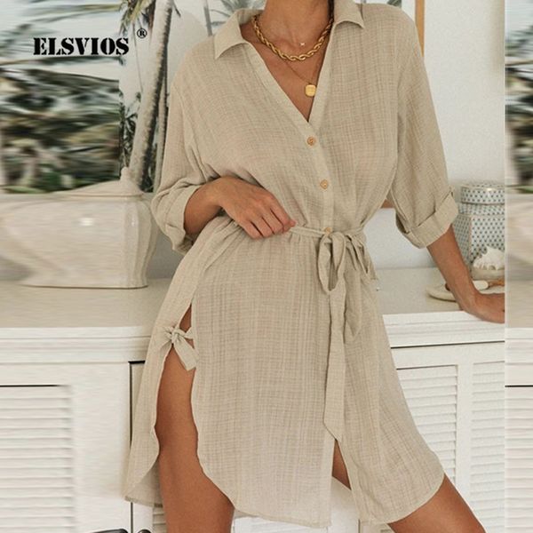 

women turn-down collar shirt dress cotton linen buttons elegant party dress spring long sleeve split a-line dresses vestido, Black;gray