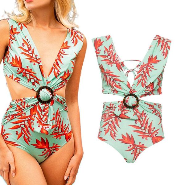

women one-piece bikini deep v-neck backless leaves print monokini cutout o-ring twist knotted swimsuit multicolor beachwear suits