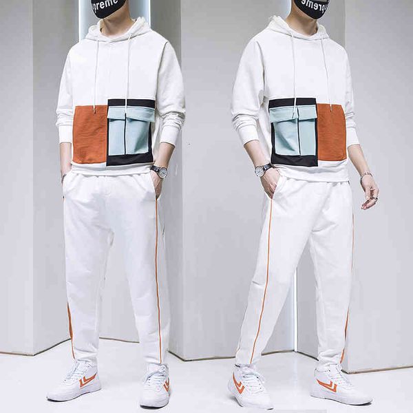 

tracksuits mens casual tracksuit autumn male patchwork sets sweatshirts+pants 2pc men's sportswear hooded men clothing streetwear, Gray