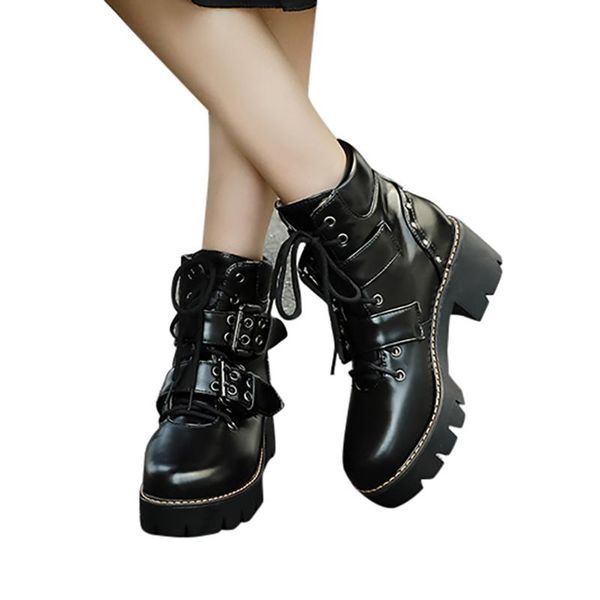 

boots fashion pure color buckle strap rubber round toe lace-up square heels vintage european style women winter, Black