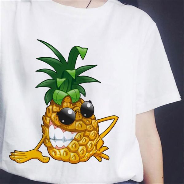 

summer simple funny pineapple cartoon womens t shirts fruit print plus size round neck casual female, White