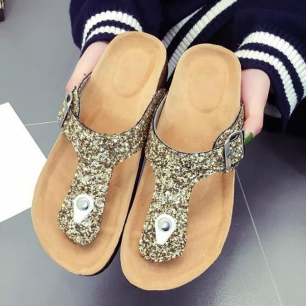 

slippers 2021 summer women's fashion comfortable flip-flops cork sequins bling beach non-slip woman slides big size, Black