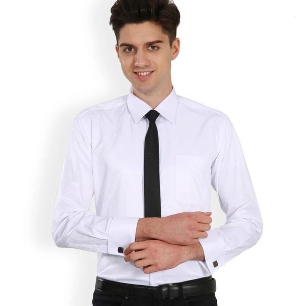 

men's dress shirts french cuff mens long sleeve formal business shirt solid twill party wedding tuxedo clothing with cufflinks, White;black