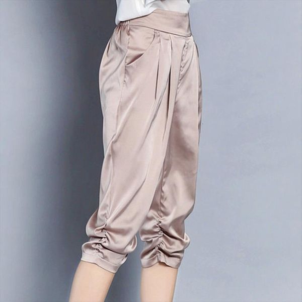

spring summer high womens pants elastic waist pleated shiny silver satin silk harem women calf length office ladies trousers, Black;white