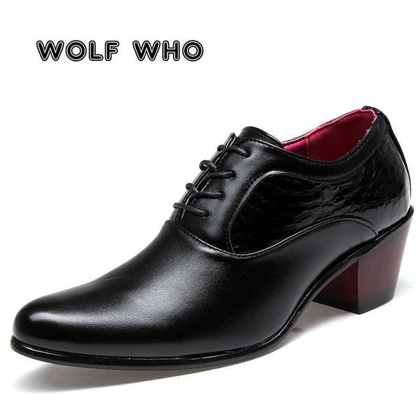 WOLF WHO Luxury Men Dress Scarpe da sposa in pelle lucida 6cm Tacchi alti Moda scarpe a punta intensificate Oxford Shoes Party Prom X-196 210624